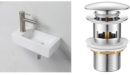 Ibergrif M41102-L, Lavabo Lave Main Blanc Rectangulaire en Céramique Suspendu pour Salle de Bains et WC & M20502 vidage Salle de Bain, Bonde de Lavabo Pop Up, Chromé, Argent