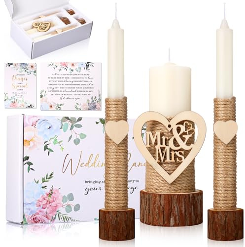 Conelist Unity Candles for Wedding Ceremony Set - 1 6.3 Pillar 2 9.8'' Taper Candles 2 Marriage Cards Wedding Candle with Holder for Rustic Romantic Ceremony Events Supplies(Retro)