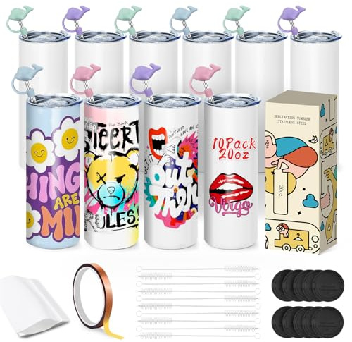 Goanueei Lot de 10 gobelets de sublimation vierges minces et droits en vrac pour transfert de chaleur avec paille et couvercle, film rétractable, film enveloppant, ruban adhésif, 591 ml