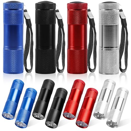 WIYETY 12 mini linternas LED de aluminio para niños con 9 LED, linterna infantil con cordón, para niños, camping, senderismo, exterior, urgente, 4 colores (sin batería)