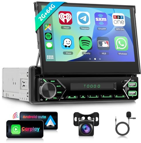 Hodozzy 2G 64G Android Single Din Flip Out Car Stereo with Wireless Carplay Android Auto, 1 DIN Car Radio with 7 Inch Retractable Touchscreen, Wi-Fi, GPS, Mirror Link, USB/AUX EQ/RDS/FM Radio+ Camera