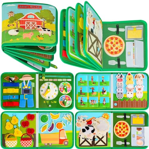 Quanquer Busy Board - Livre Occupé de Ferme Montessori pour 1 2 3 Ans Enfants - Planche d'Activités Jouet Éducatif Sensoriel Préscolaire -Jouets de Voyage pour Tout-Petits (English Version)