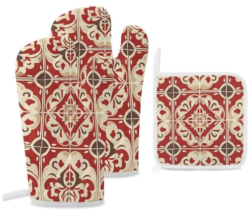 Lot de 3 gants de cuisine et maniques résistants à la chaleur - Gants de barbecue rouges et beiges
