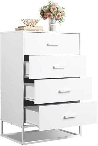 WLIVE Wooden Chest of Drawers, Slim Modern Dresser with 4 Drawers and Metal Frame, Storage Unit for Bedroom, Living Room, Hallway, Nursery Furniture, or Nightstand (White)