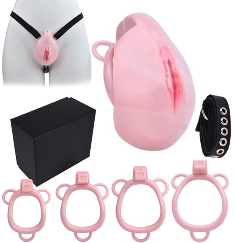 Keuschheitskäfig Herren Sissy Mit Fake Vagina Design 4 Cockringe Und Gurt Chastity Cage Aus Harz Keuschheitsgürtel Für Männer Extrem Penis Käfig Flat Chastity Cage Rosa