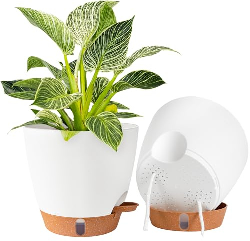 Fielda 2 Pack 8 Inch Pots for Plants Indoor, Plastic Self Watering Planters with Drainage Holes, Water Level Indicator & Deep Reservoir, Decorative Flower Pots Indoor Outdoor Use (White