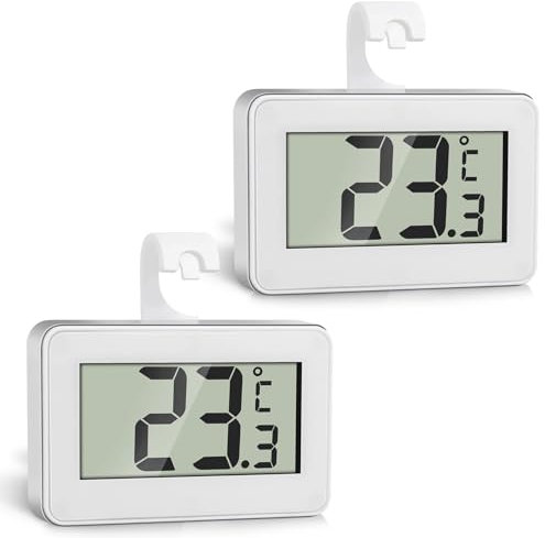 Romon Termómetro Frigorífico Termómetro Acuario Digitale, 2 Piezas Termometro Nevera, Mini Termómetro Digital Congelador Refrigerador Impermeable, Pantalla LCD, Función Registro Máximo/Mínimo, Blanco