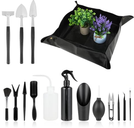 Kit Giardinaggio Attrezzi da Giardino Bonsai Kit 16 Pezzi con forbici per trapianto annaffiatoio tappetino da giardinaggio per la cura delle piante da interno