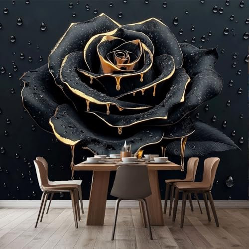 Carta Da Parati 400 x 280 cm Fatto su Misura Poster Decorazione da Muro Murale di Sfondo Piante Metallo Rosa Gocce D'Acqua, per Soggiorno Camera Ristorante Camera dei Bambini, Nero Oro
