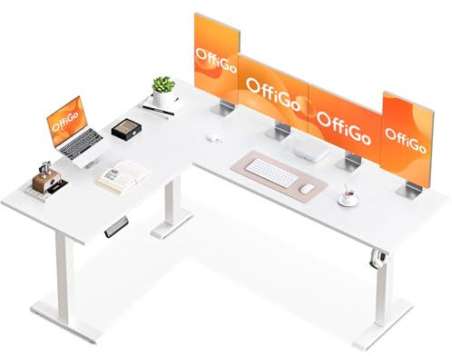 OffiGo Corner Desk, 180 x 140 cm Electric Standing Desk with 3 Memory Smart Panels, Reversible L Shaped Rising Table, Height Adjustable Table for Home Office Workstation, White
