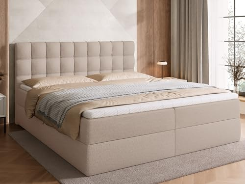 BROMARKT Boxspringbett 180x200cm mit Topper und Bettkasten H3 Beige | Doppelbett für Schlafzimmer mit Bonell Matratze Stauraum und gepolsterte Kopfstütze Bett Bed Einzelbett Federkern DETROIT