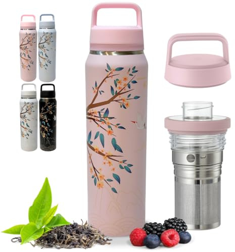 Farasi Loose Leaf Tea Infuser Bottle Wide Mouth Coffee, Fruit, Insulated Stainless Steel Water Bottle Infuser Tumbler - Leakproof Built In Handle Travel Mug Pink Floral 24 oz