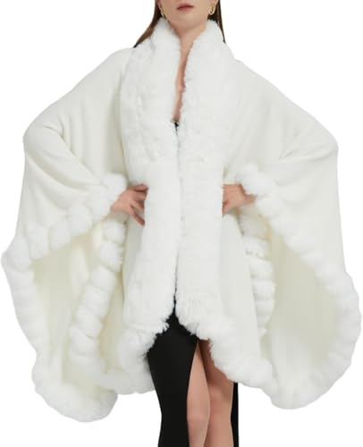 Faux Fuchs Pelz Trim Strickjacke Mantel Schal Wraps Winter Poncho Oversized Cape (Weiß,Einheitsgröße)