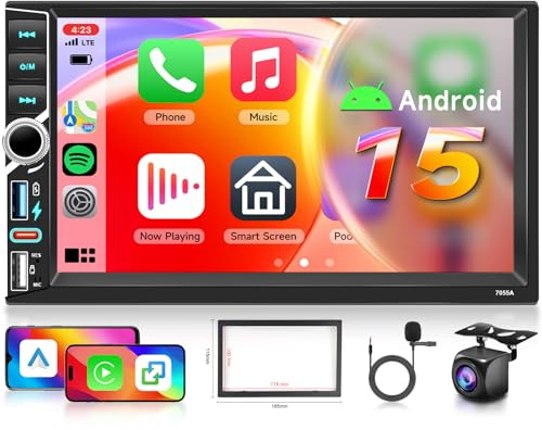 【8 Core 4+64G】2025 Hodozzy Stereo Auto Android 2 Din con Carplay Wireless con 2 USB USB-C, Schermo QLED da 7 Pollici, Autoradio Bluetooth con Android Auto/DSP/WiFi/RDS/FM + Telecamera Posteriore