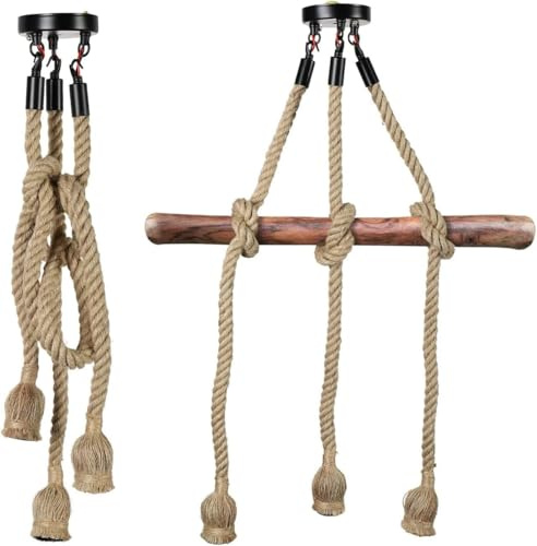 Pendelleuchte Hanfseil 3 Köpfe Kronleuchter Vintage Hängelampe Seil Hängeleuchte Doppelkopf Deckenleuchte Industrie Retro E27 Fassungen, DIY Hängelampe für Esszimmer Schlafzimmer - Ohne Glühbirne