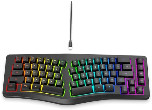 Annadue Clavier ergonomique divisé 69 touches, 18 modes RVB, USB C amovible, touches silencieuses, clavier filaire compact pour Linux (bureau/jeu/maison) (noir)