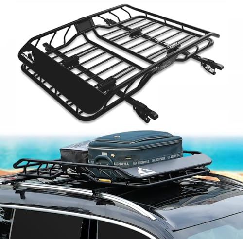 AUTOXBERT Universal Roof Rack Cargo Basket with Roof bars 127 x 96 cm Roof Rack Tray Top Cargo Carrier Luggage Basket Fit Raised Side Rails with Gap 90 kg Load Capacity Heavy-Duty Steel Black