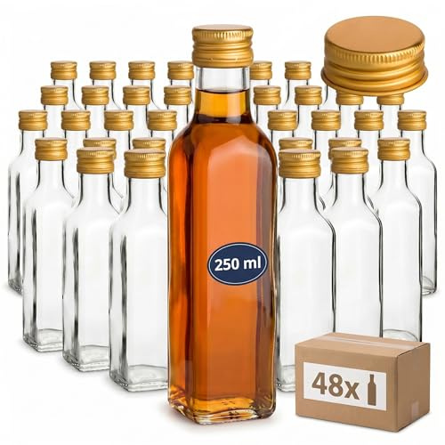 gouveo 48er Set Glasflaschen 250 ml (0,25 l) Maraska eckig, Schraubverschluss PP31,5 goldfarben, leere Klarglasflaschen zum Befüllen für Likör, Schnaps, Sirup, Öl & Essig (MFET250G)