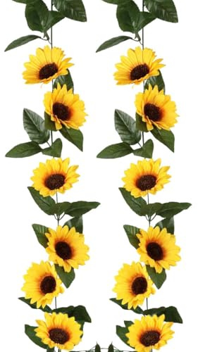 BSTHP Künstliche Sonnenblumen-Girlande, ca. 2,4 m lang, künstliche Pflanzen, Rankenblätter, Hängezubehör, 1 Stück