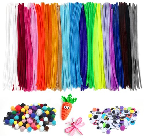 600 Stück Pfeifenreiniger zum Basteln, 20 Farben Chenilledraht, 100 Pfeifenputzer Zubehör Plüschbälle und 100 Augen, Pfeifenputzer 30 cm x 6 mm, DIY Bastelset für Kinder, Kreativprojekte