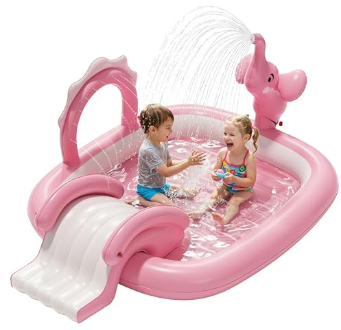 QPAU Elephant Kids Pool with Slide and Sprinkler, Inflatable Play Center with 4 Rings, 72 × 64 × 37 in, Fast Inflation Kiddie Pool for Garden & Backyard, Birthday Gift for Ages 1+ (Pink)