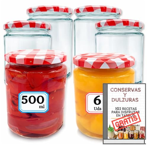 MundoTarros Pack de 6 Tarros de Cristal 500 ml con Tapa Hermética de Rosca Metálica de Cuadros, Botes para Conservas de medio litro, Almacenaje, Transparente, Incluye PDF con 102 Recetas (6)
