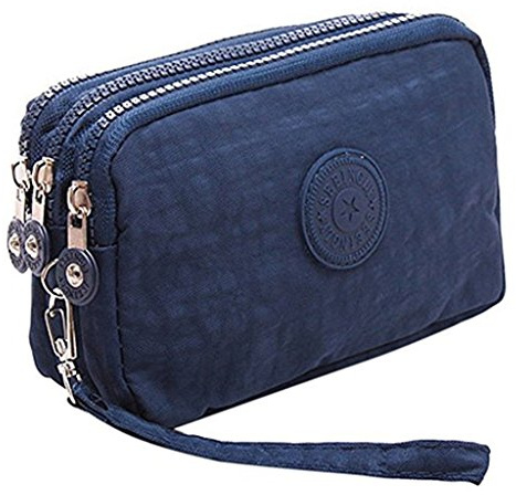 Btoon 3 Layer Zipper Nylon Wallets for Women Wristlet Bag Purse Waterproof Cell Phone Pouch Handbag (Dark Blue)
