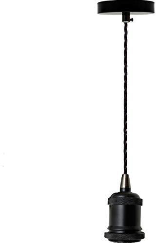 LEDSone Vintage Pendant Light Fitting Kit – Metal Ceiling Rose with Black Twisted Braided Flex Cable & E27 Lamp Holder – Industrial Hanging Light Fixture Retro Indoor Lighting