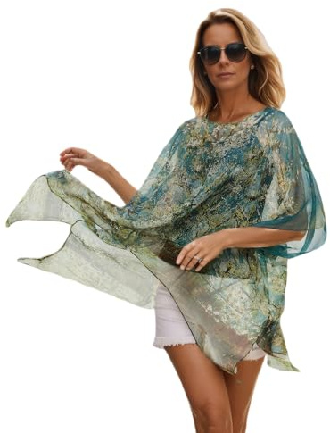 Prettystern Seide Damen Chiffon Strand-Bluse Sommer-Poncho XL Tunika Strand Überwurf Seidentunika Kimono-Bluse Van Gogh Peach im Blossom P14