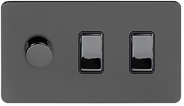 Soho Lighting Black Nickel Flat Plate 3 Gang Light Switch with 1 Dimmer (2 x 2 Way Rocker Light Switch with 1 x Trailing Edge Dimmer) Screwless
