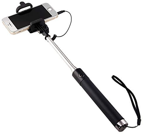 Perche Selfie Metal pour IPHONE Se 2020 Smartphone avec Cable Jack Stick Android iOS Reglable Bouton Photo (Noir)