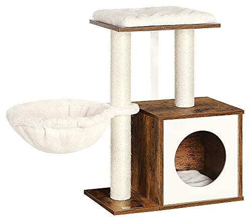 FEANDREA WoodyWonders Kleiner Katzenbaum für Kätzchen, Moderner Katzenturm für Indoor-Katzen, Katzenhaus mit Kratzstämmen, Abnehmbare Waschbare Kissen, Rustikales Braun UPCT122X01 | Moderner Katzenturm für Hauskatzen, abnehmbare, waschbare Kissen, rustikales Braun, CAEN-Kollektion UPCT122X01