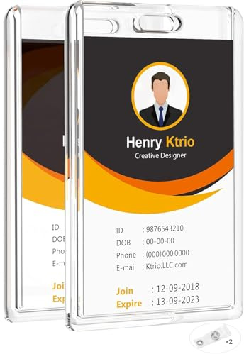 KTRIO ID Badge Holder, Clear Acrylic Card Holder with Thumb Slot, Holds 2 Cards, Vertical Badge Holder for Nurses, Students, Office Staff, 2 Pack