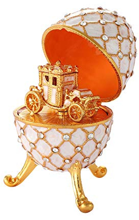 QIFU Vintage White Easter Egg Style Enamel Trinket Box with Mini Carriage(QF5291)
