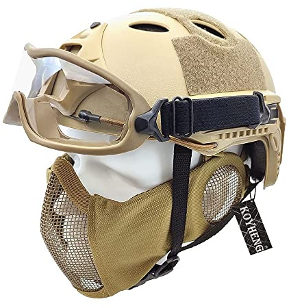 Tactique Airsoft Fast Casque et Masque de Protection des Oreilles en Maille Demi-Visage Pliable avec Lunettes de Protection Complète du Visage
