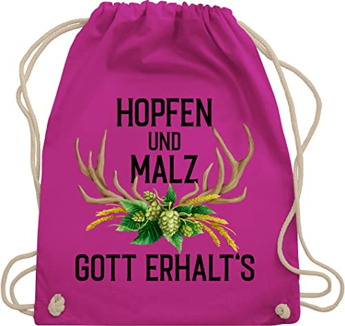 Turnbeutel Rucksack - Kompatibel Oktoberfest Tasche - Hopfen und Malz Gott erhalt's - mit Geweih & Weizen - Unisize - Fuchsia - trachtenrucksack bayrische beutel trachtentaschen bayrisch stoffbeutel