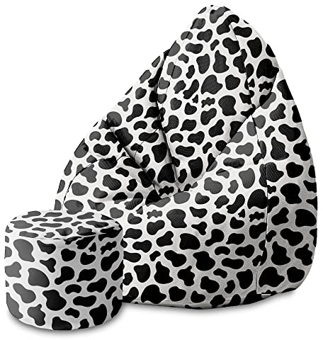 DreamRoots Sitzsack Erwachsene 80x80x120, Cow Print | Bean Bag mit Lehne, Hocker & Bezug, 80x80x120 & 70x70x105 cm, Sitzkissen Boden, Bubibag, geometrische Designs