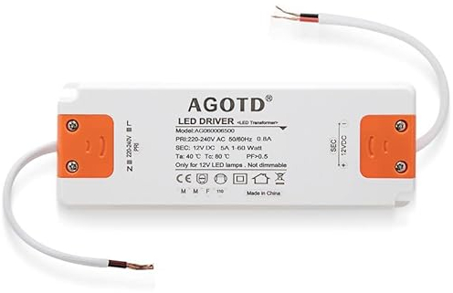 LED Transformator 1-60W 230V auf 12V 5A Treiber Netzteil, Kein Flimmern, Kein Rauschen, Niedervolttrafo für G4 MR16 GU5.3 LED Halogen