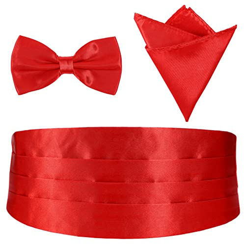 FAVOMOTO 3pcs Herren Kummerbund Einstecktuch Fliege Formelle Anzug Accessoires Einstecktuch Bund, Fliege, Herren Kummerbund Set, inklusive (Rot)