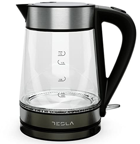 Tesla Hervidor de Agua Eléctrico KT300X - 1.7 Litros, 2200W de Potencia, Acero Inoxidable, Indicador LED, Tapa Pop-Up, Apagado Automático, Tecnología STRIX, Control Nivel de Agua (Color Negro)