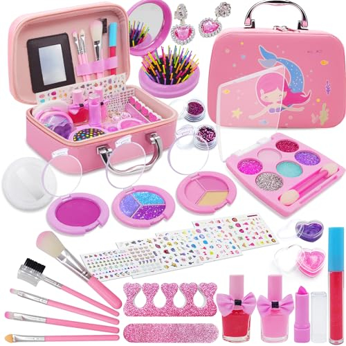 NINGESHOP Kinderschminke Set Mädchen,30PCS Abwaschbar Real Kinder Kosmetik Set mit Schminkkoffer Mädchen Spielzeug, Rollenspiel Spielzeug Geschenk für Mädchen Kleine Kinder Prinzessin
