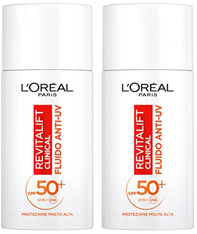 L'Oréal Paris Revitalift Clinical Anti-UV Gesichtsflüssigkeit SPF 50+ Sonnenschutz mit Netlock Technologie Formel mit Vitamin C Antioxidant und Anti-Aging-Wirkung Ultraleicht - 2 Flaschen à 50 ml