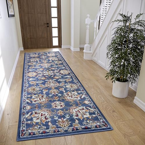 Hanse Home Caracci - Tappeto orientale, classico, a trama fitta con ornamenti e motivi floreali, morbido pelo corto, per camera da letto, sala da pranzo, soggiorno, corridoio, cucina, blu, 80 x 240 cm
