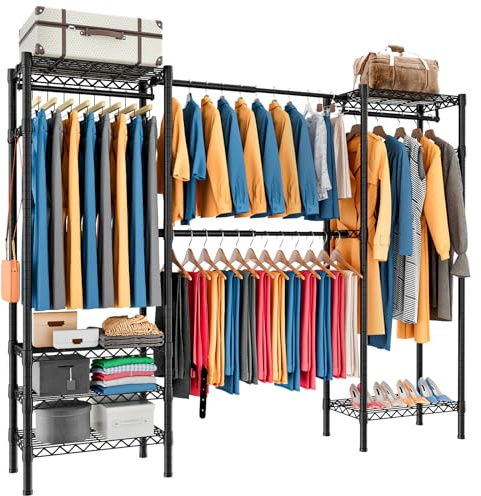 Taotigzu Erweiterbar Kleiderständer Metall,Kleiderstange Schwerlast | (70.2-88.2”) Lx13.9”Wx71.2”H,Garderobenständer Kleiderschrank mit Haken,mit Ablagefächern,höhenverstellbar,Schwarz