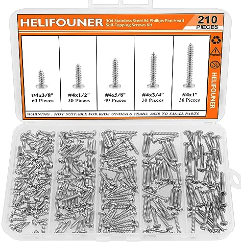 #4 x 3/8 1/2 5/8 3/4 1 Wood Screws Set, HELIFOUNER 210 Pieces Phillips Pan Head Self-Tapping Screws Assortment Kit, Phillips Pan Head Wood Screws, 304 Stainless Steel