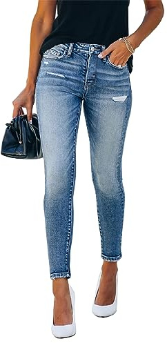 KUNMI Women's Mid Waisted Skinny Ripped Jeans Slim Fit Distressed Stretchy Denim Pants