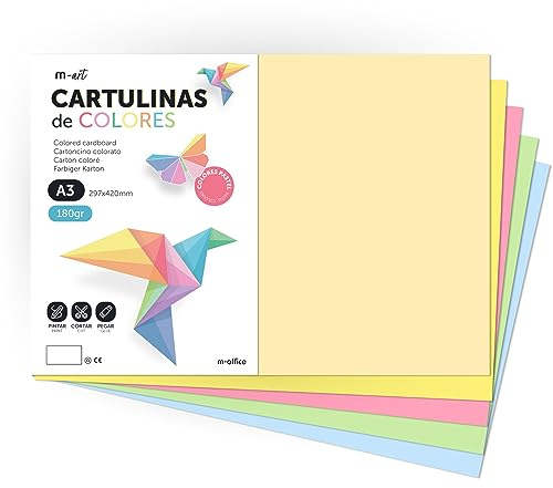 Cartone colorato, cartone A3, fogli colorati 180 g, cartoncino assortito colori pastello, ideale per artigianato, stampare i tuoi documenti e disegni creativi · m-office (100 h, Surt. torta)