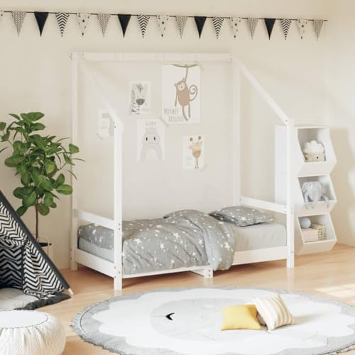 Festnight Kinderbett aus Holz 70x140 cm Hausbett für Jungen & Mädchen Kinder Bett Jugendbett Bodenbett Massivholz Holzbett Bettgestell mit Lattenroste Bettrahmen Kinderzimmer Weiß