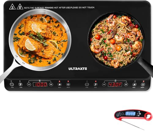 Double Induction Cooktop, ULTRAKTE Portable Dual Countertop Burner with Sensor Touch, 1800W Induction Cooktop 2 Burner, Electric Countertop Cooker with 10 Temp & Power Levels, 8-Hour Timer,Safety Lock