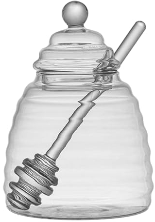 FINLALO Honey Jars with Dipper, Transparent Honey Jars Glass, Glass Beehive Honey Pot, Glass Stirring Stick Honey Bottle, Glass Honey Dispenser for Honey, Syrup or Jam (A)